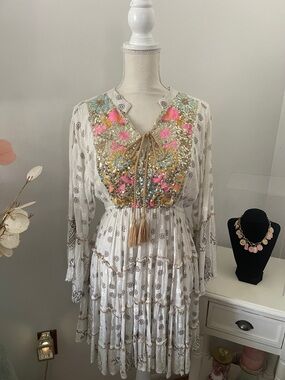 Zury Cream and Brown Flower Dress with Pink and Gold Sequin Detail